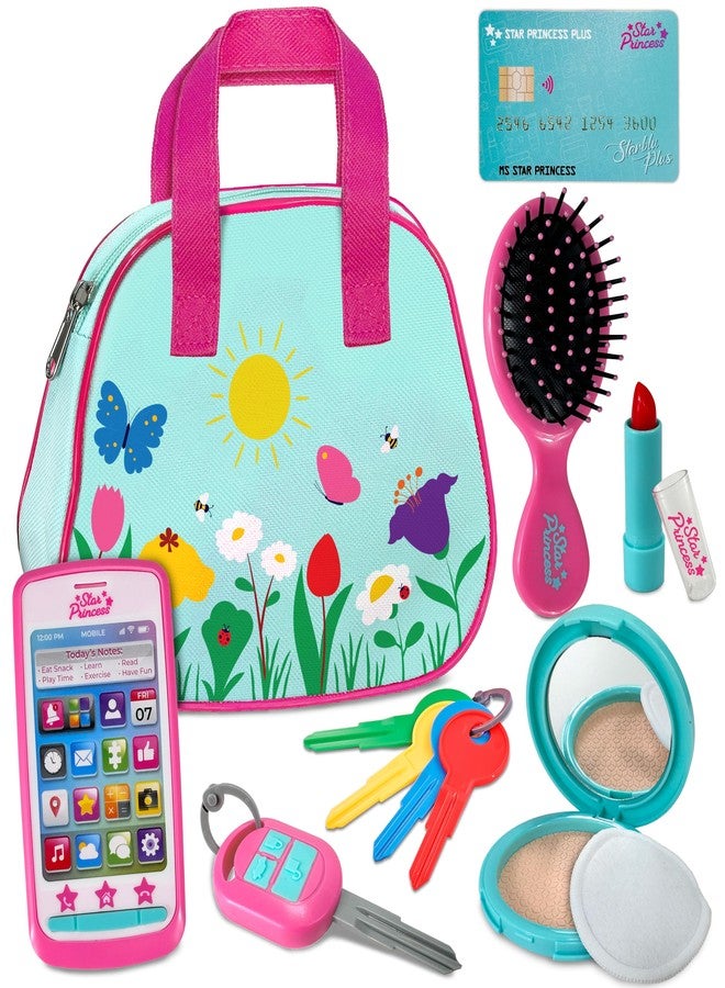 Star Princess Play Purse for Toddlers with Accessories, Toddler Girl Toys 1 2 3 Years Old with Pretend Makeup, Keys, Smartphone, Toddler Toy Purse for Little Girls - Birthday Gift for Toddlers Girls Ages 2-3 - Blue - Image 1